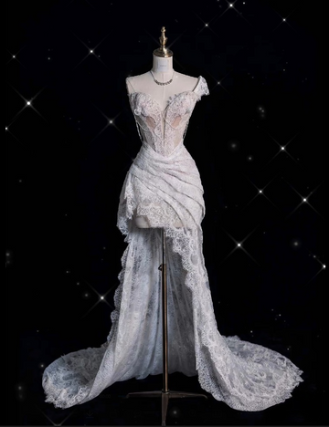 Niulatu High Low One Shoulder Lace White Long Wedding Dresses SD1943